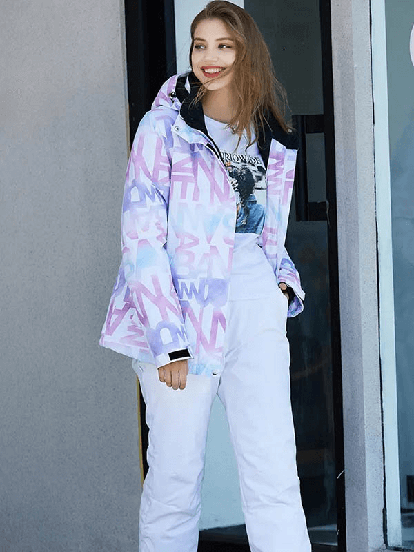 Stylish female in a letter-printed ski jacket with hood, showcasing pockets and advanced features for outdoor skiing adventure.